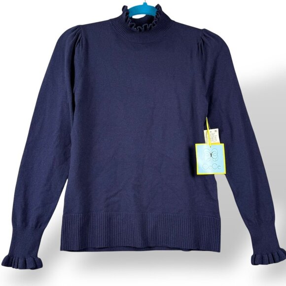 Cece Sweater Womens Sz M Classic Navy Ruffle Trim Mock Neck Pullover Academia NW - Picture 1 of 12